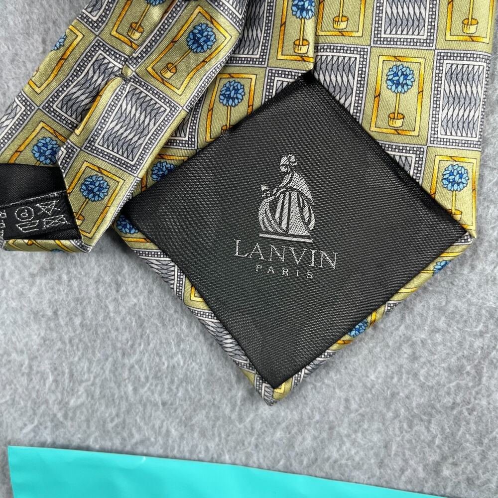 Lanvin Paris Necktie Blue Tree Gray Gold Geometric Silk Made In France Tie - Picture 8 of 8